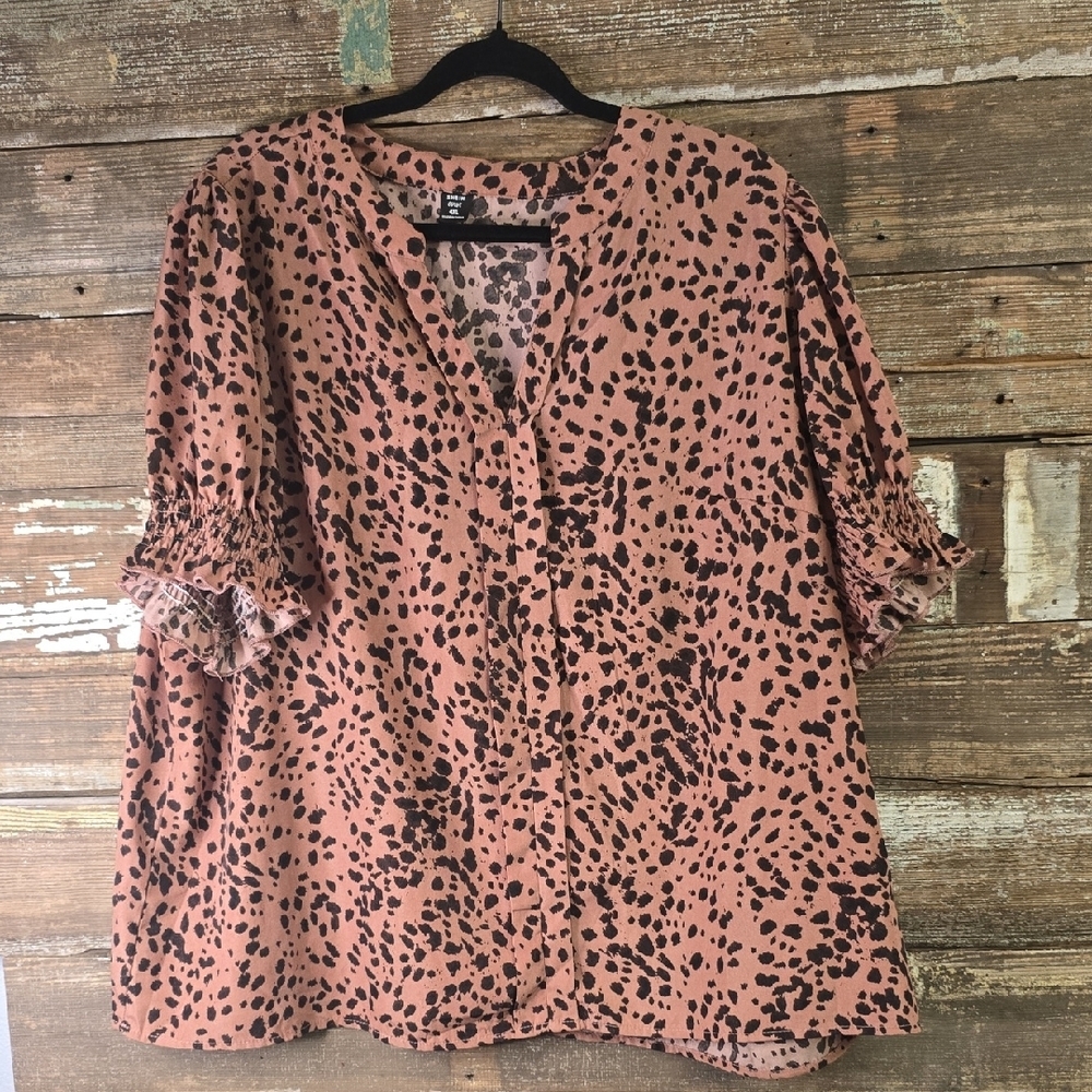 SHEIN Brown and Black 3/4 Sleeve Boxy Blouse with Mandarin Collar, Size 4X, NWOT